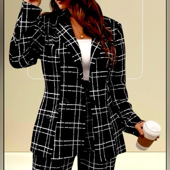 Black Plaid Button Front Blazer Size 14 (1X) - Picture 1 of 2